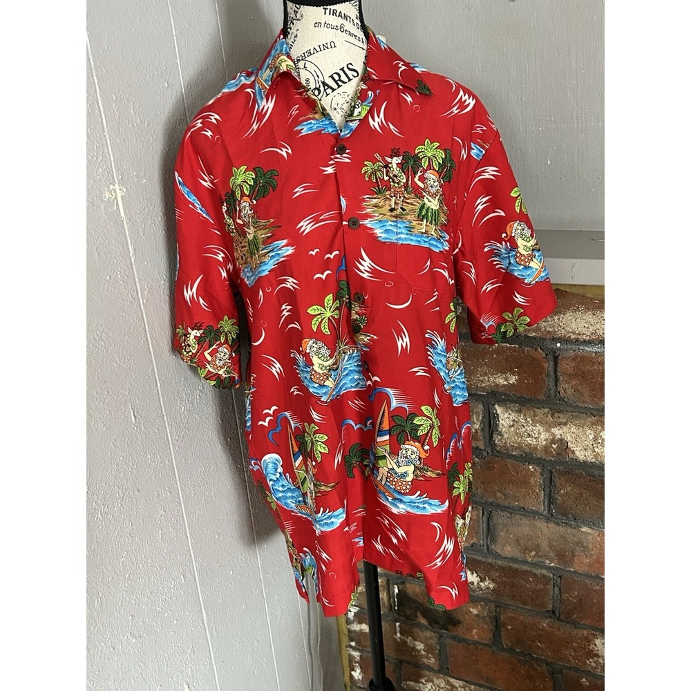 Christmas Alvish Red Men Hawaiian Camp Shirt Surfing Santa Hula Reindeer Size M